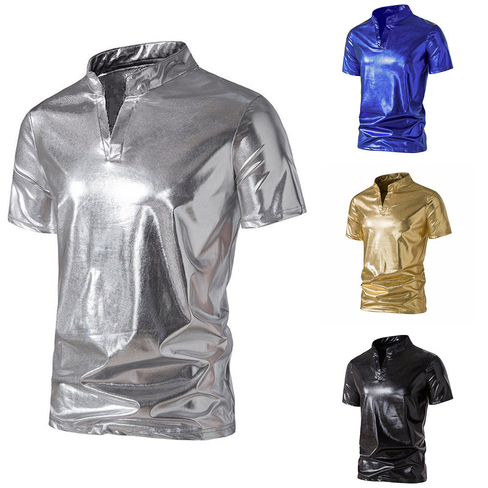 Nightclub-style Solid-color Gold-stamped Mens Casual Short-sleeve Shirt