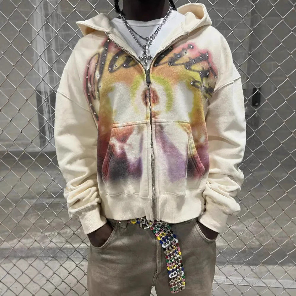 Athletic-style Zip-up Hoodie With Letter Graffiti Print