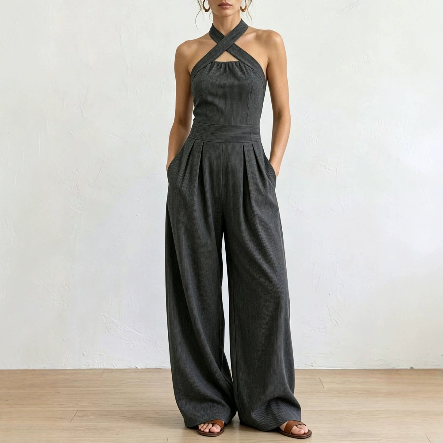Off-shoulder Sleeveless Crossover Halter Jumpsuit