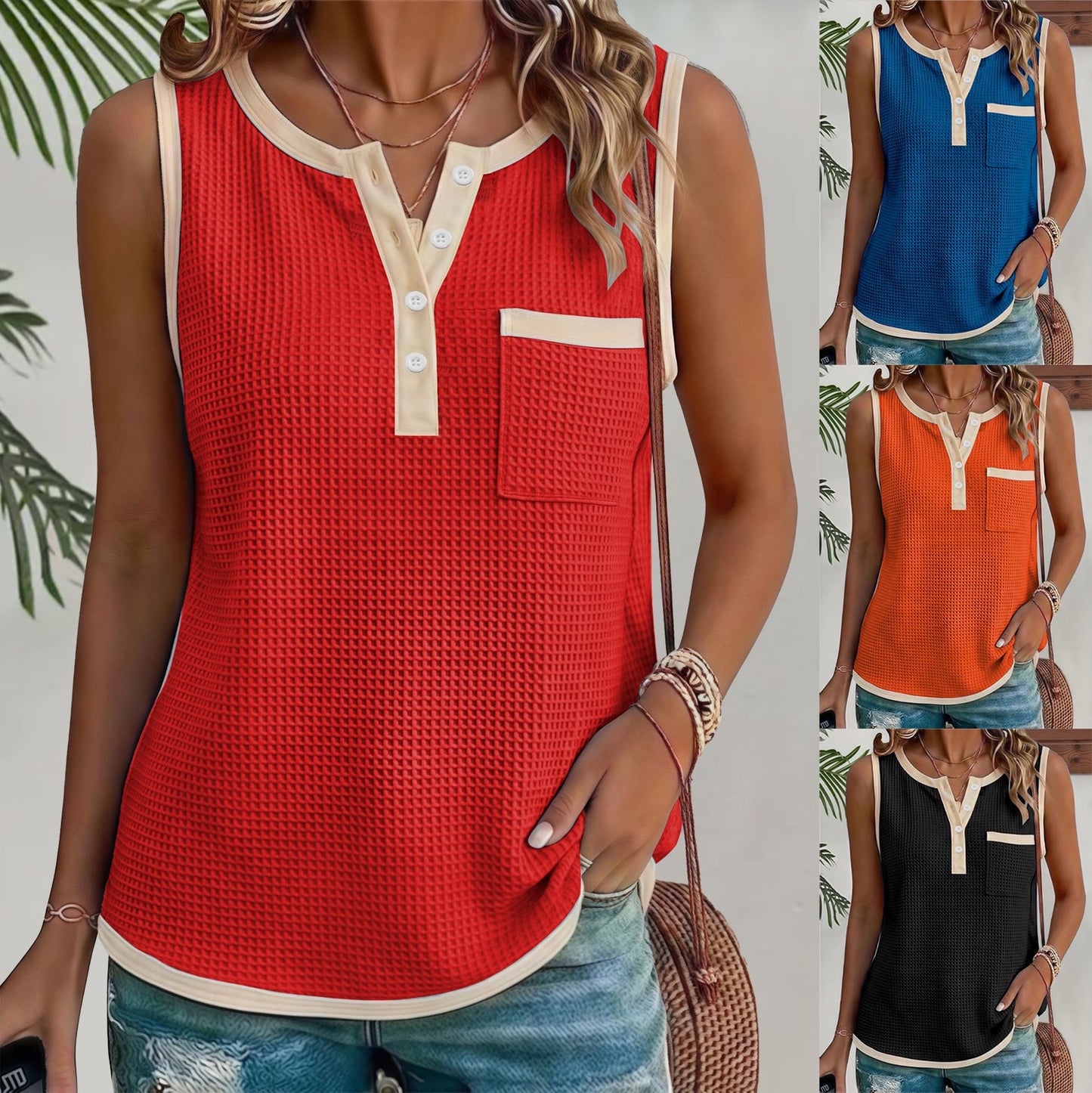 Vest with Waffle-Weave Patchwork