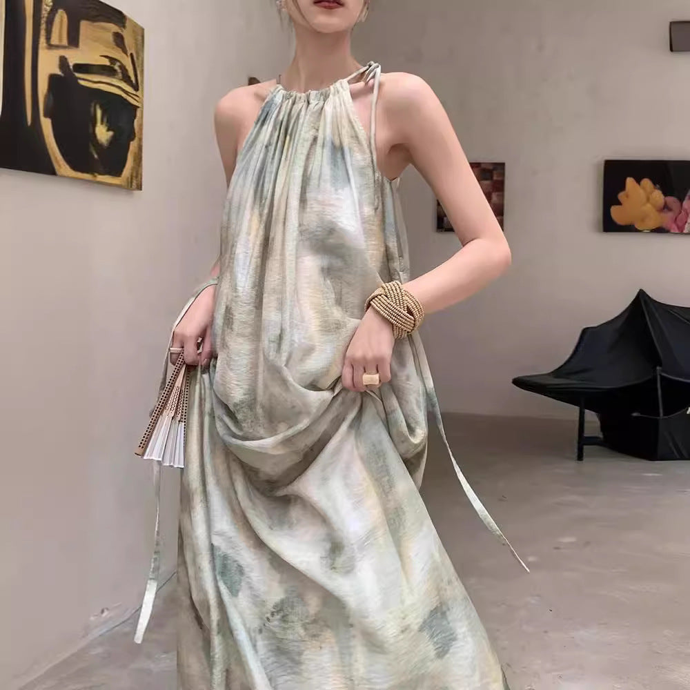 Chinese-style Sleeveless Tie-neck Dress With Ombre Dyeing