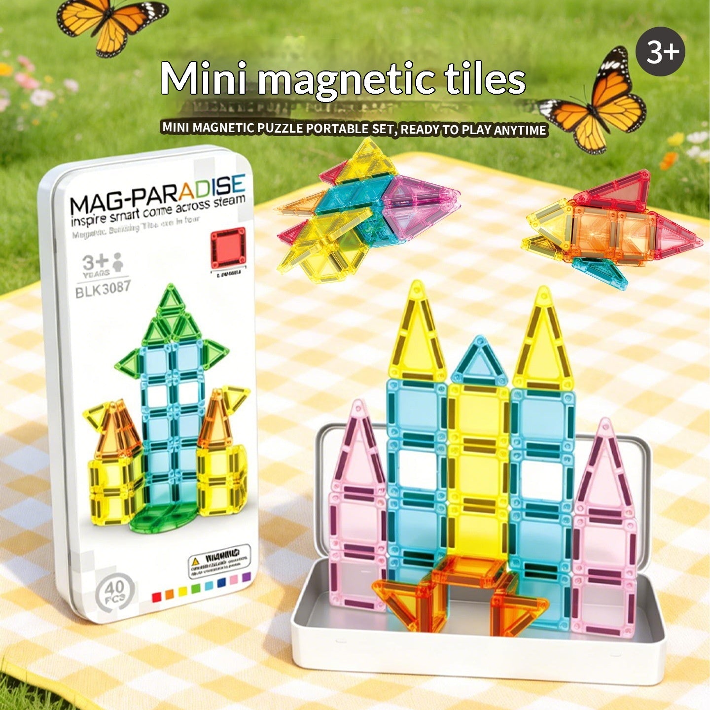 Childrens Colorful Stained-Glass Magnetic Tiles Portable Tin Box Set