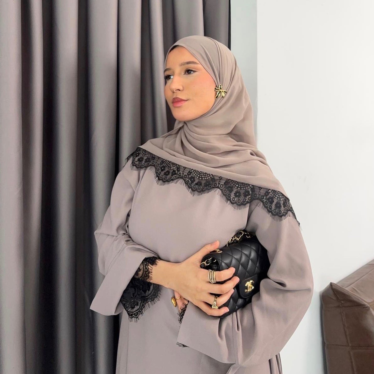 Dress and Headscarf Two-Piece Set with Lace Panel