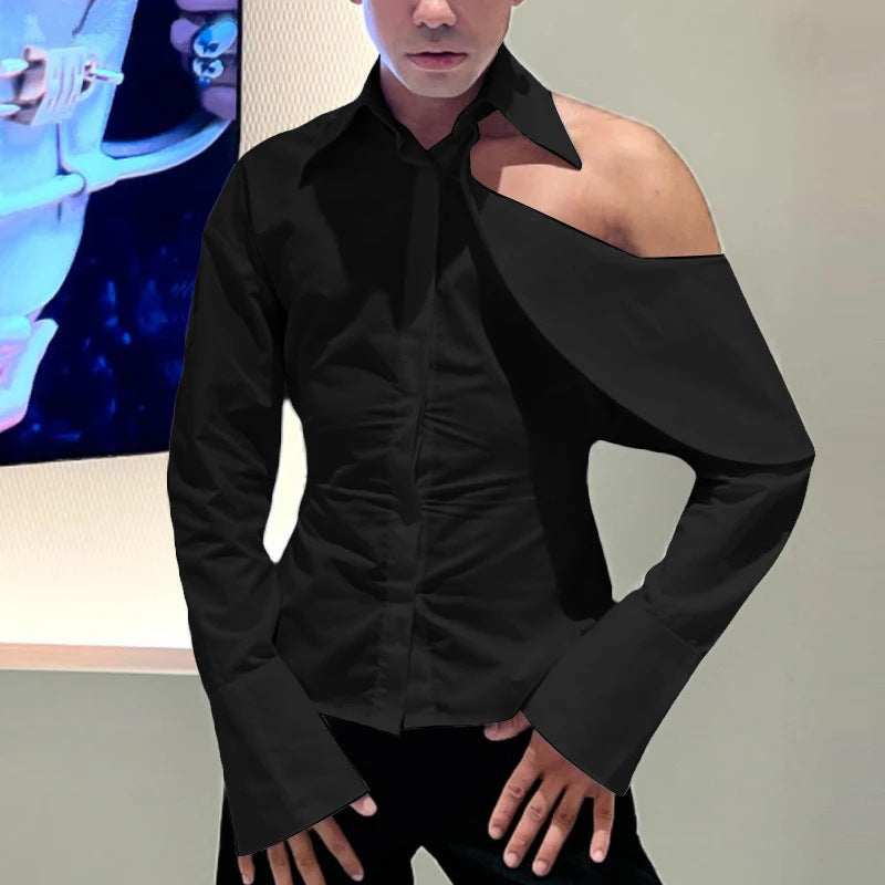 Men's Long-Sleeve Shirt with Ruffled Off-Shoulder Design