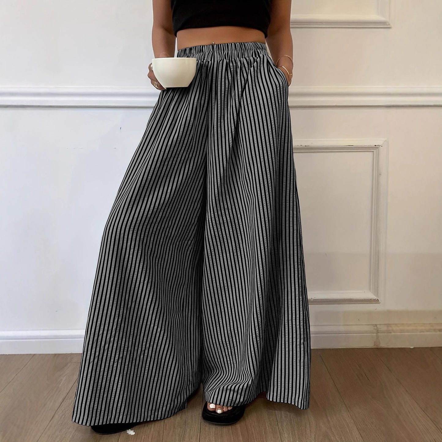 Striped Elastic-Waist Wide-Leg Pants