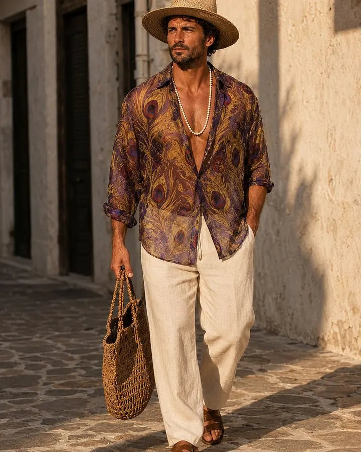 Resort Shirt in Royal Peacock Print