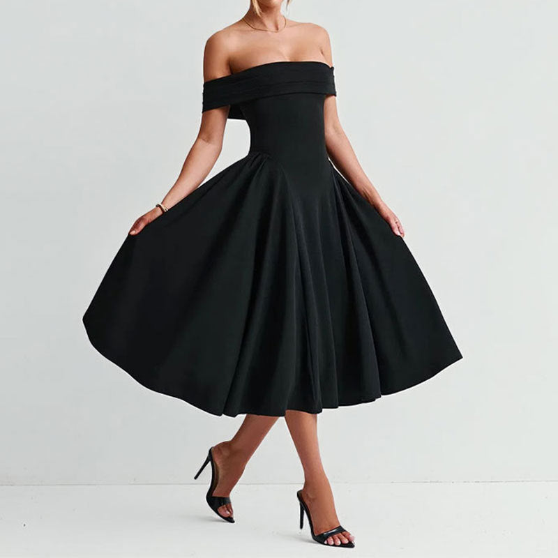 Fit & Flare Midi Dress with Off-Shoulder Cut