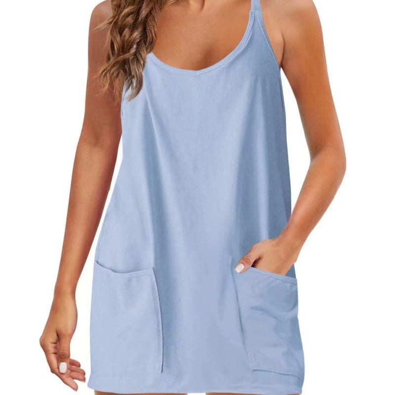 Women's Solid Color Pocket Vest & Shorts Set