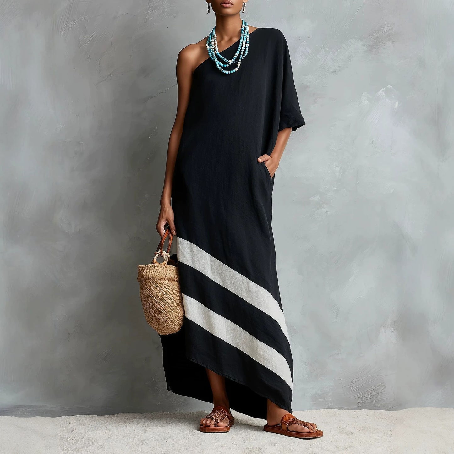 Contrasting-Color Linen-Blend Long Loose One-Shoulder Dress