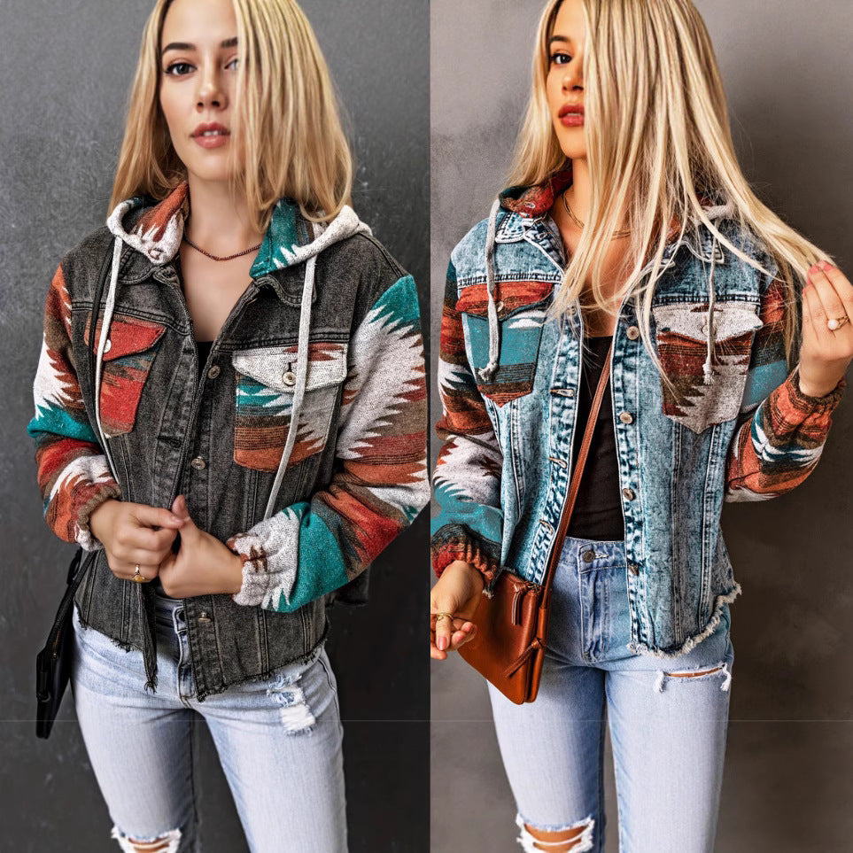 Hooded Jacket with Denim Patchwork and Contrast Colors