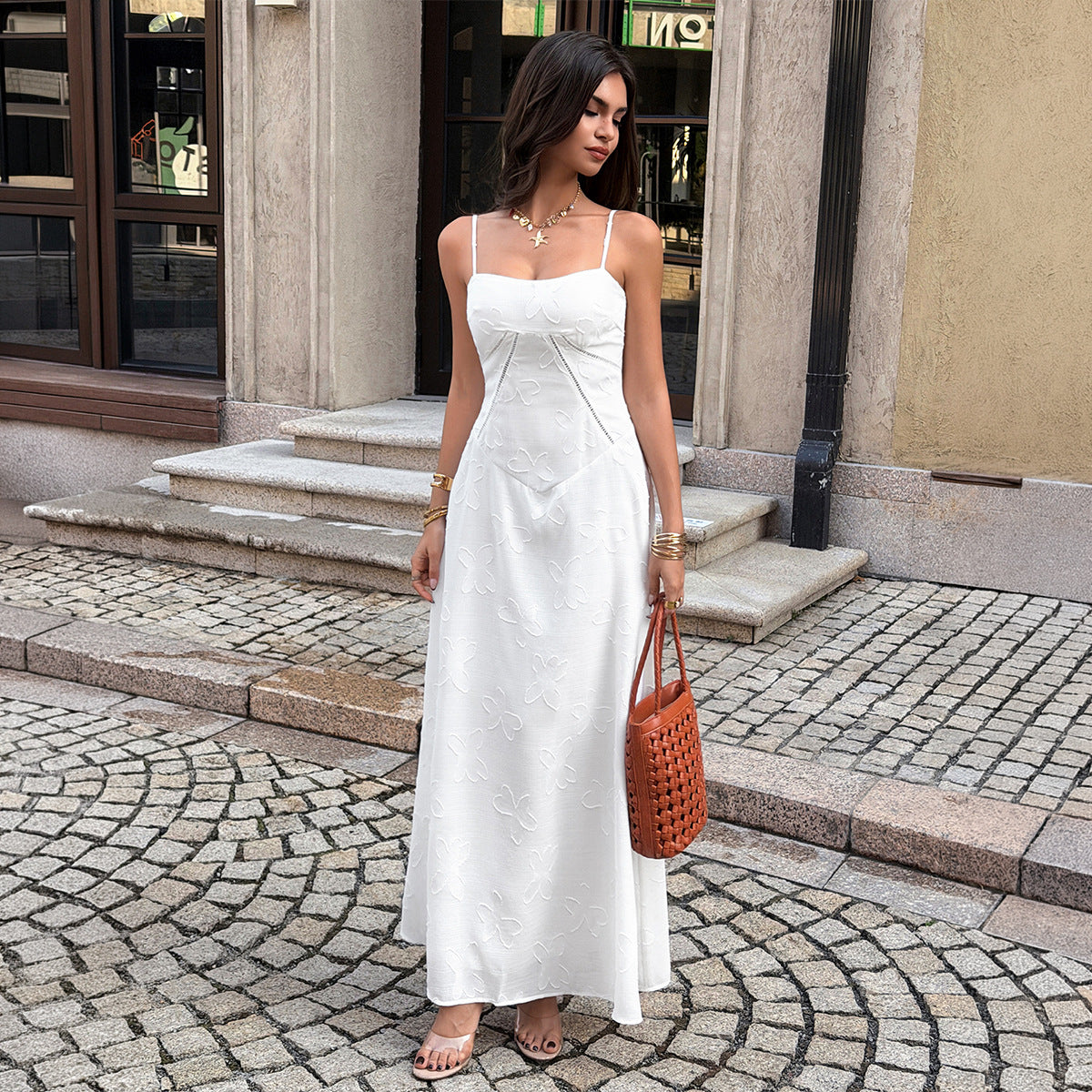 Jacquard Strap Waist-Cinching Dress