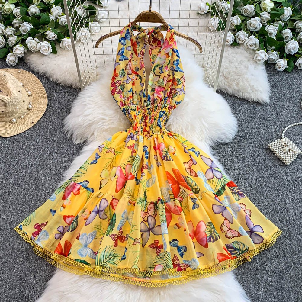 Halter Dress with Retro Print and Deep V-Neck