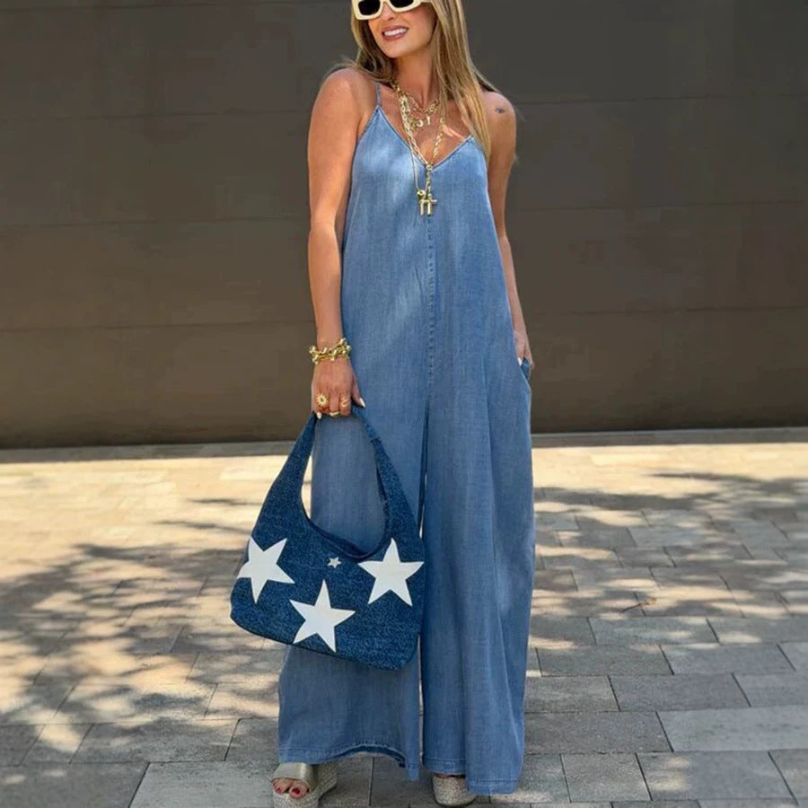 Fashionable Casual Slim-fit Relaxed-fit Washed Strap Denim Straight-leg Jumpsuit