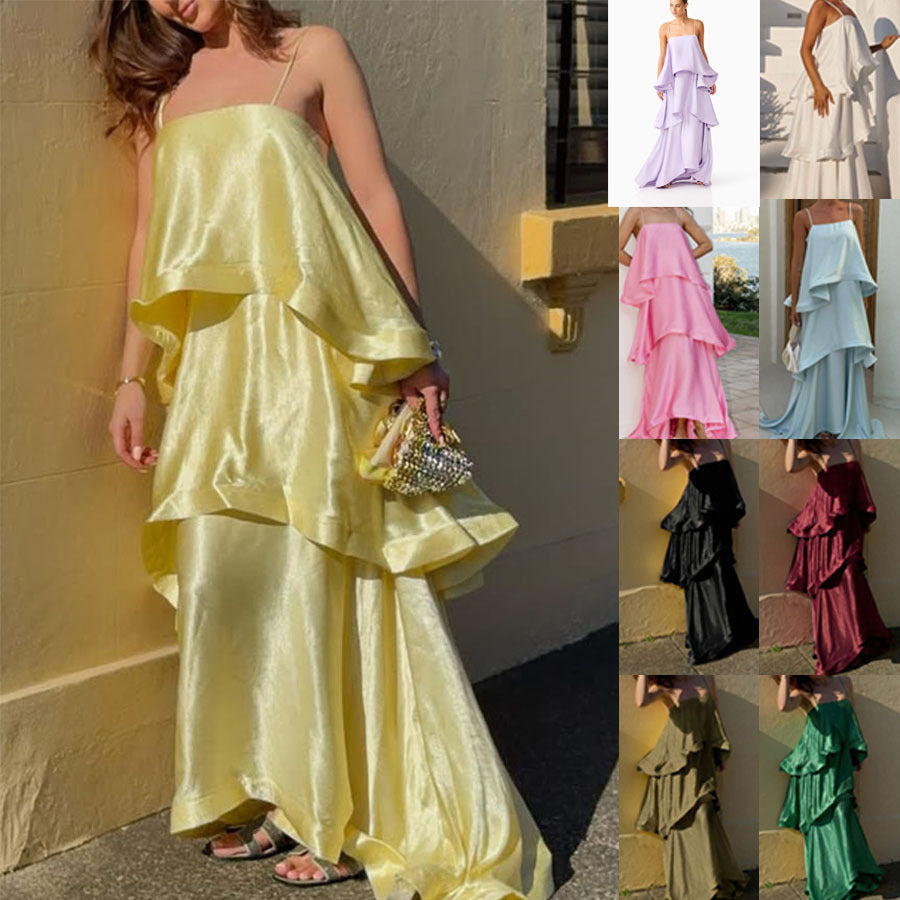 Satin Wide-leg Strap Multi-layered Holiday Dress