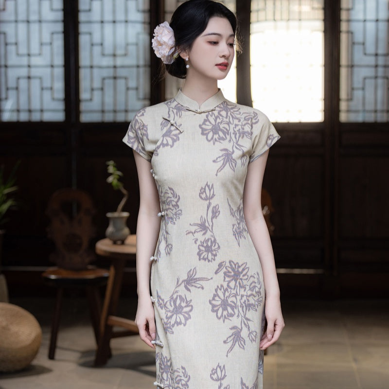 Long Floral-Print Cheongsam