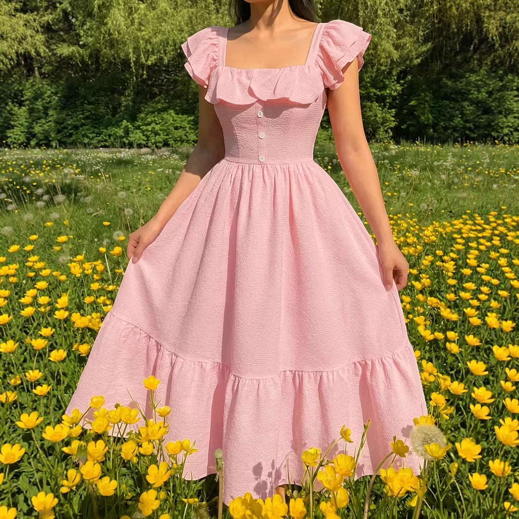 Women's Solid-color Square-neck Ruffled Dress