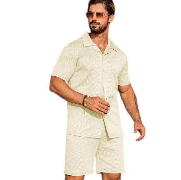 Summer Casual Textured Knit Cardigan With Short Sleeves And ButtonsPaired With Shorts