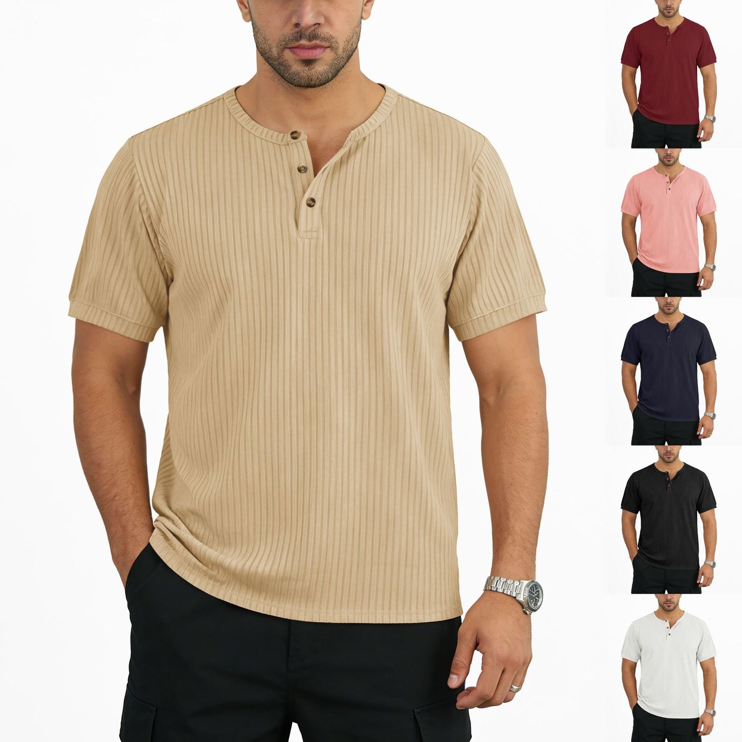 Herringbone Vertical-Striped Henley Shirt