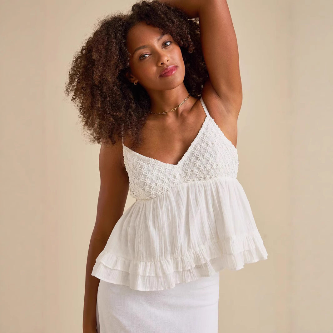 V-Neck Top with Lace Panelling