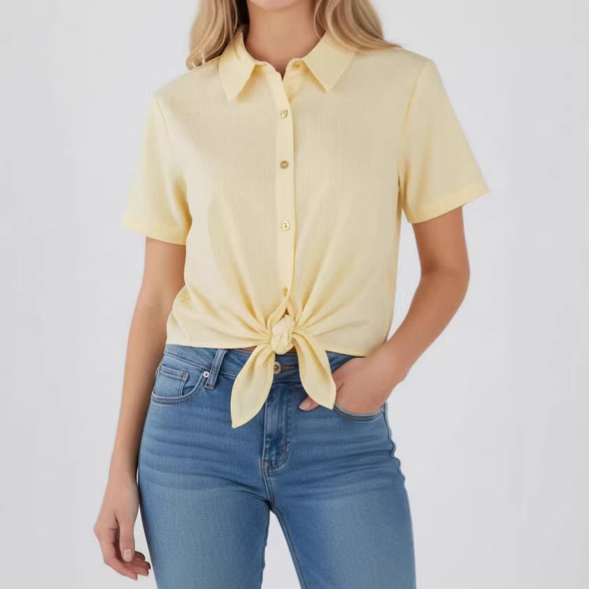 Cropped Short-Sleeve Lapel Blouse