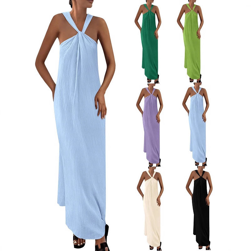 Sleeveless Lace-Up Halter Dress with Pockets