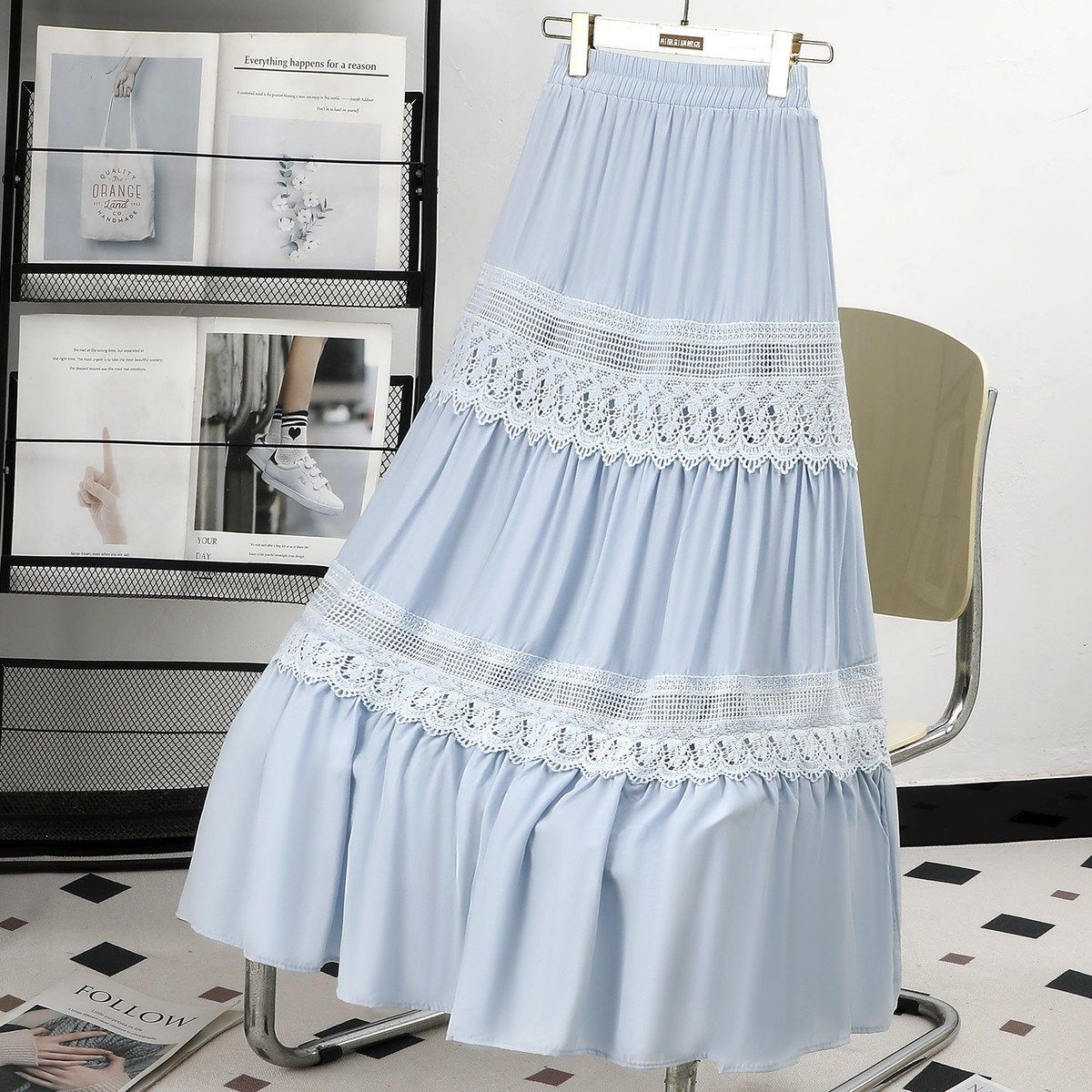 Lace-Panelled Tiered Skirt