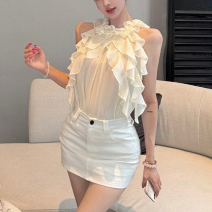 Multilayer Ruffled Sheer-Sleeve Chiffon Blouse Set