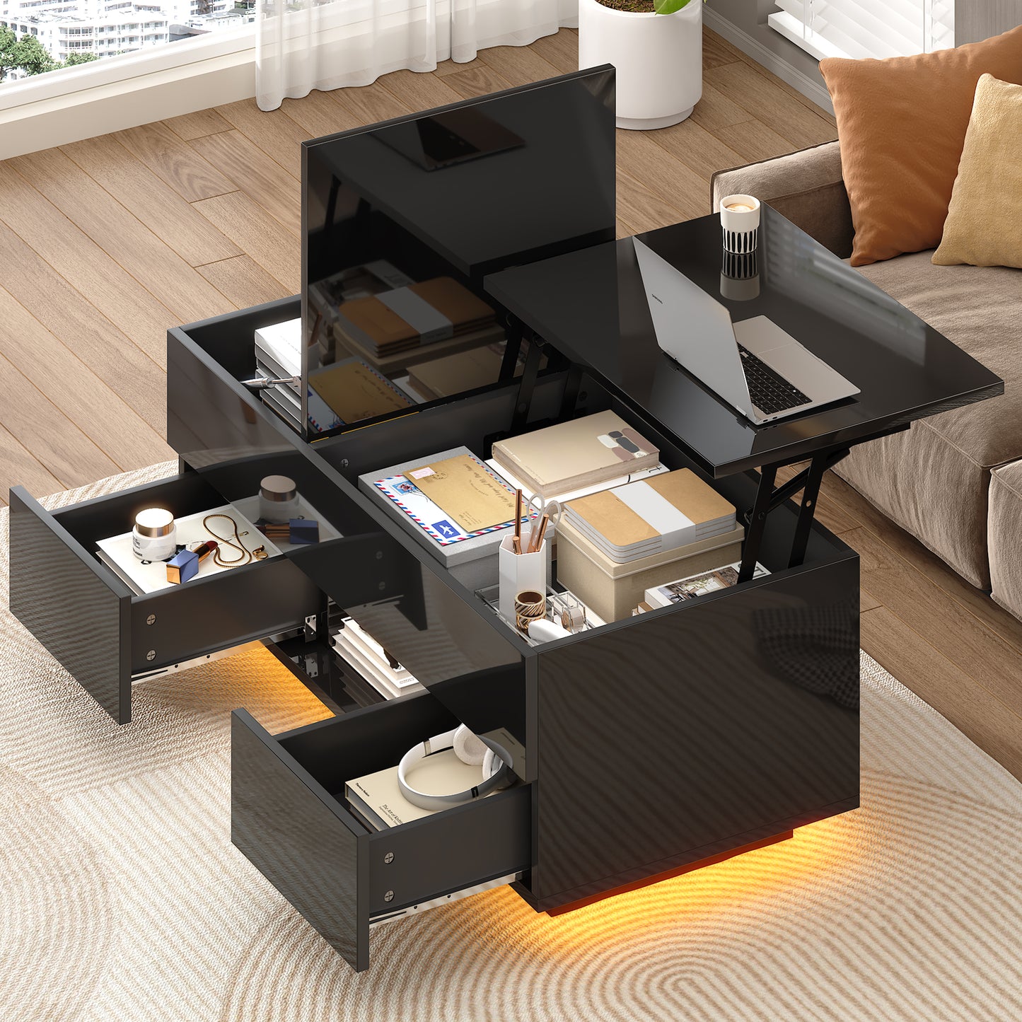 Lift-Top Coffee Table with LED Lights and 2 Drawers