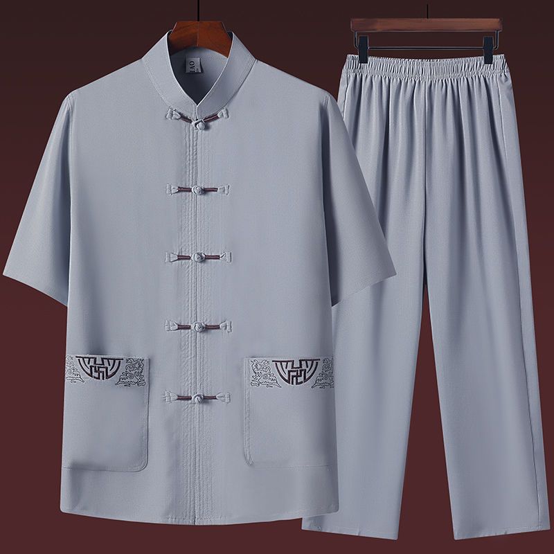 Men's Casual Summer Short-Sleeve Ice-Silk Shirt And Pants Set