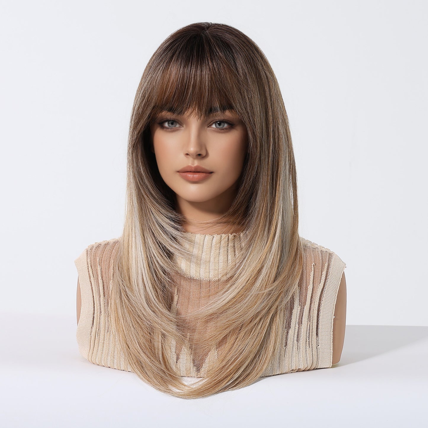 Wig Wispy Bangs Layered Cut Atmospheric Vibe Ombre Brown Long Length