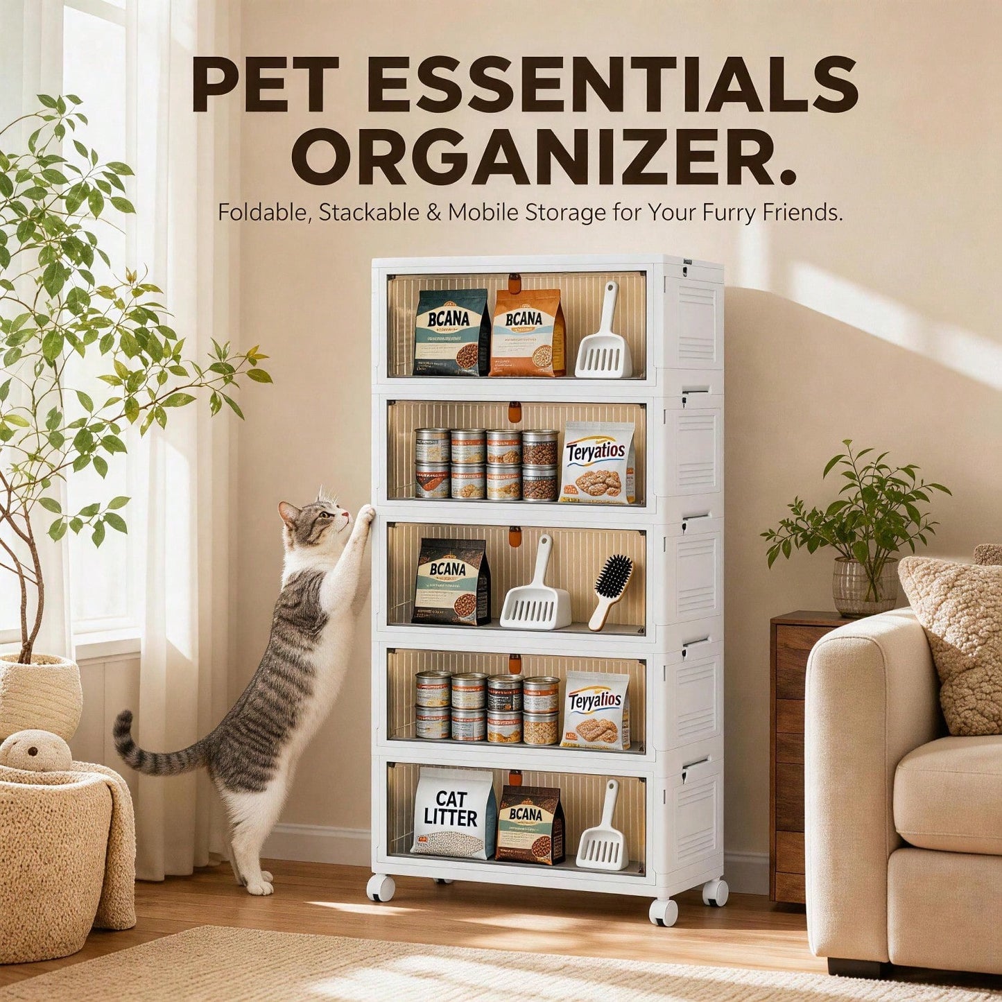 Foldable Stackable Pet Storage Bin with Magnetic Door