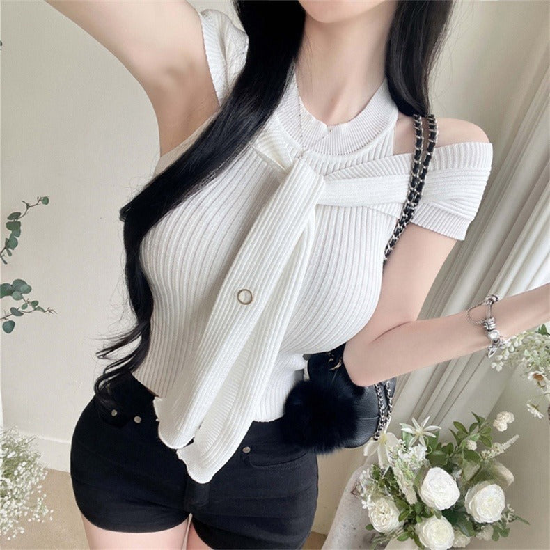 Shawl-design Sleeveless Vest Knit Top Two-piece Set