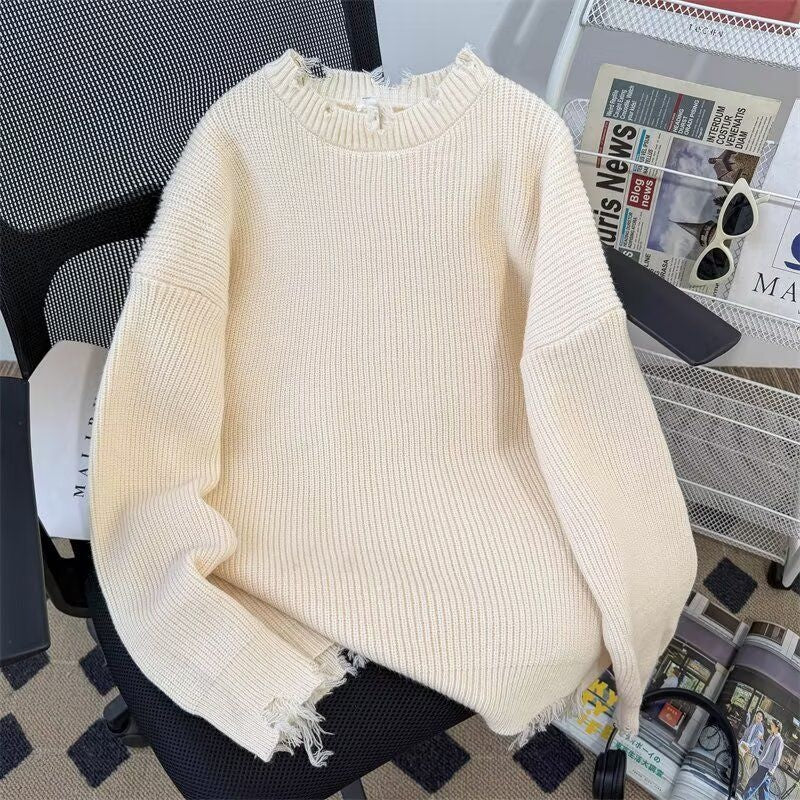 Knit Sweater - Ripped Pullover Round Neck