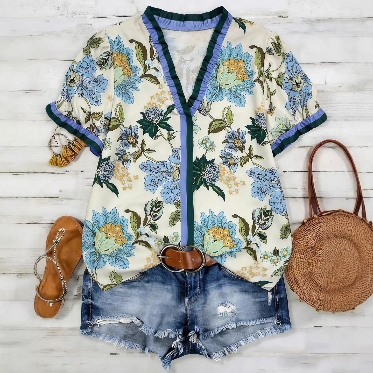 Chiffon Blouse with Retro-Printed V-Neck and Ruffled Trim