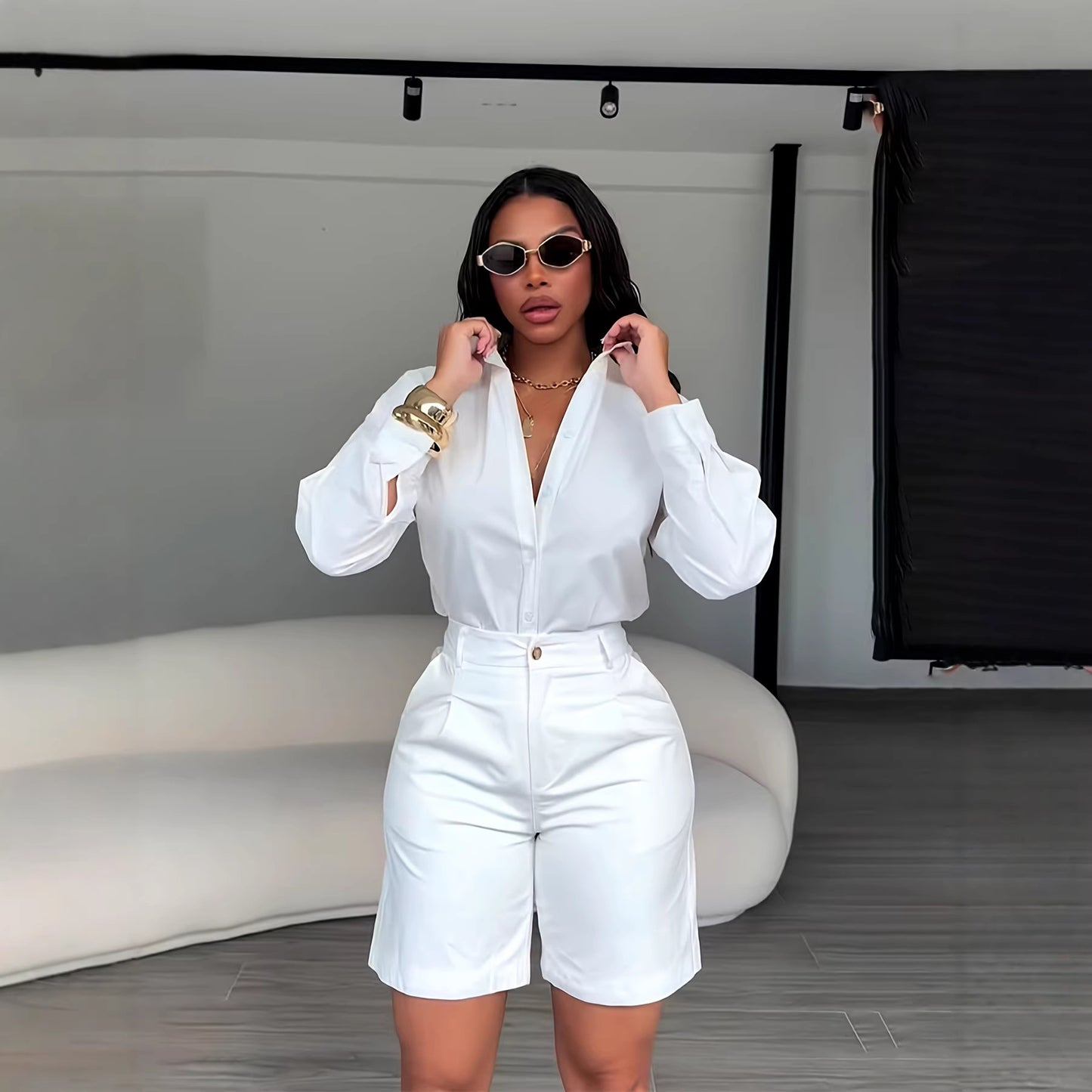 Fashionable Lapel-Collar Casual Long-Sleeve Shirt And Shorts Set