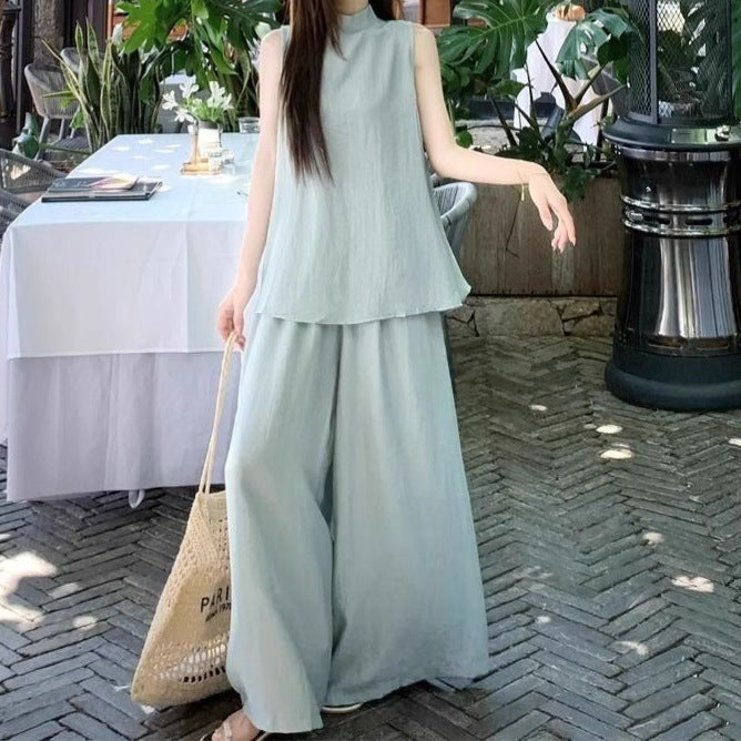Womens Summer Lazy-Style Loose Sleeveless Top And Fashionable Wide-Leg Long Pants Two-Piece Set