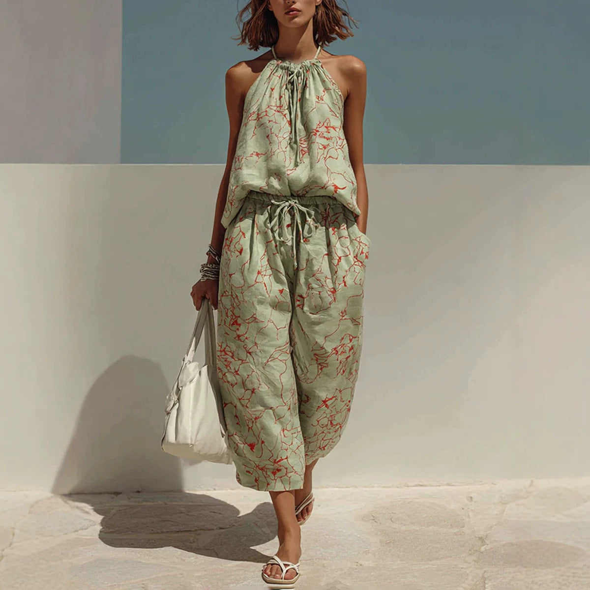 Printed Backless Camisole and Wide-Leg Pants Set