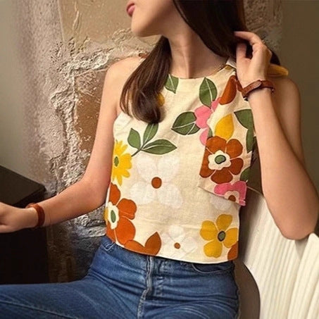 French-Style Print Vest with Bow Tie Strap