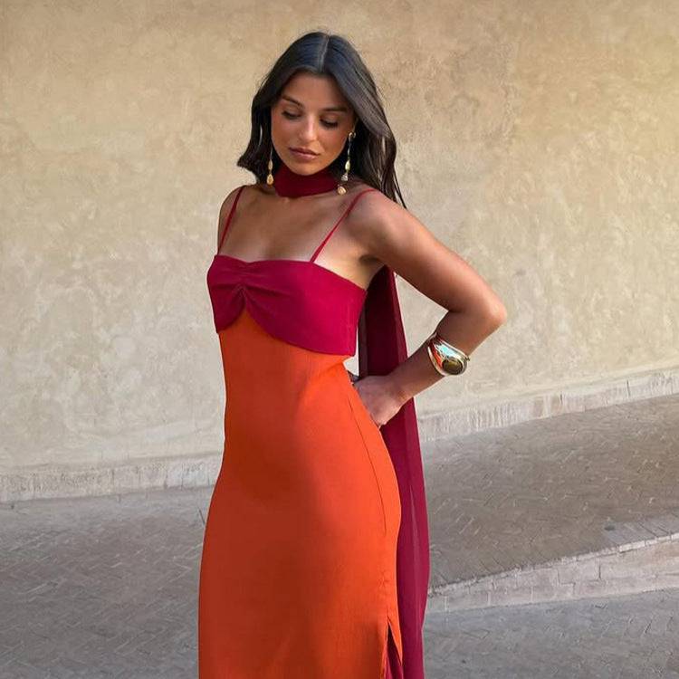 Sheath Slip Dress with Color Block Scarf Collar