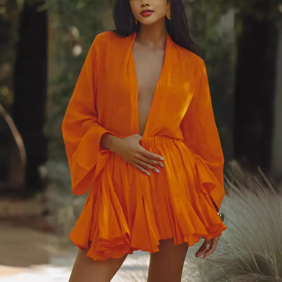 Fashionable Short Dress With A Deep V-neck And Low Neckline