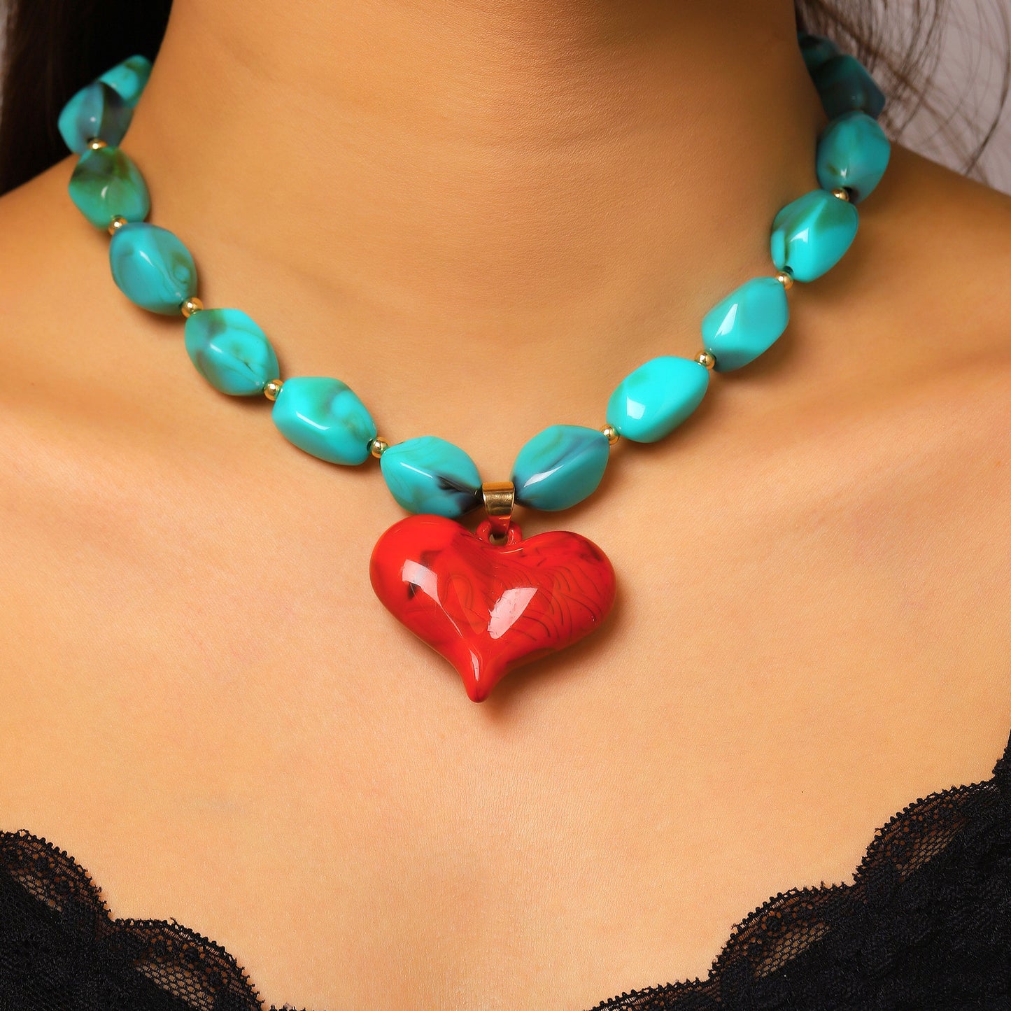 Heart Necklace with Vintage Beaded Resin