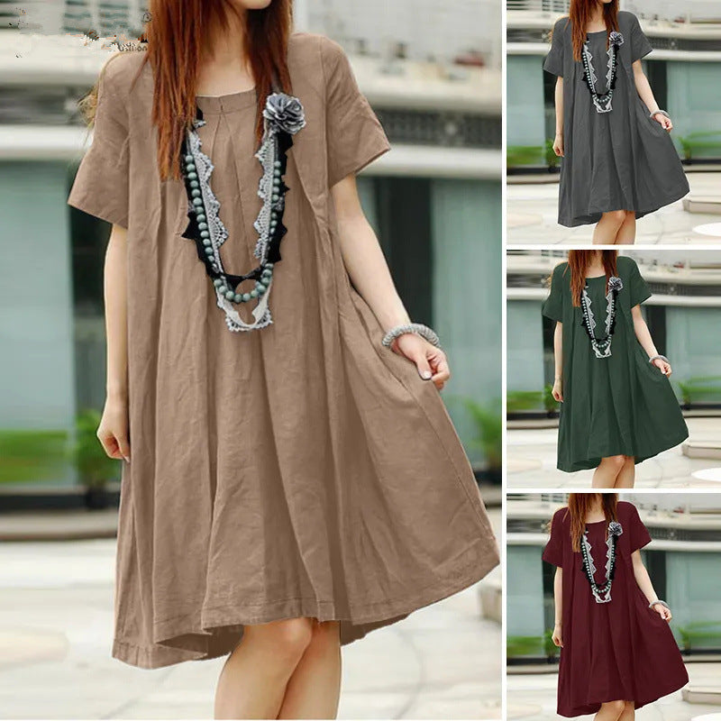 Loose-Fit Pleated Round-Neck Short-Sleeve Dress
