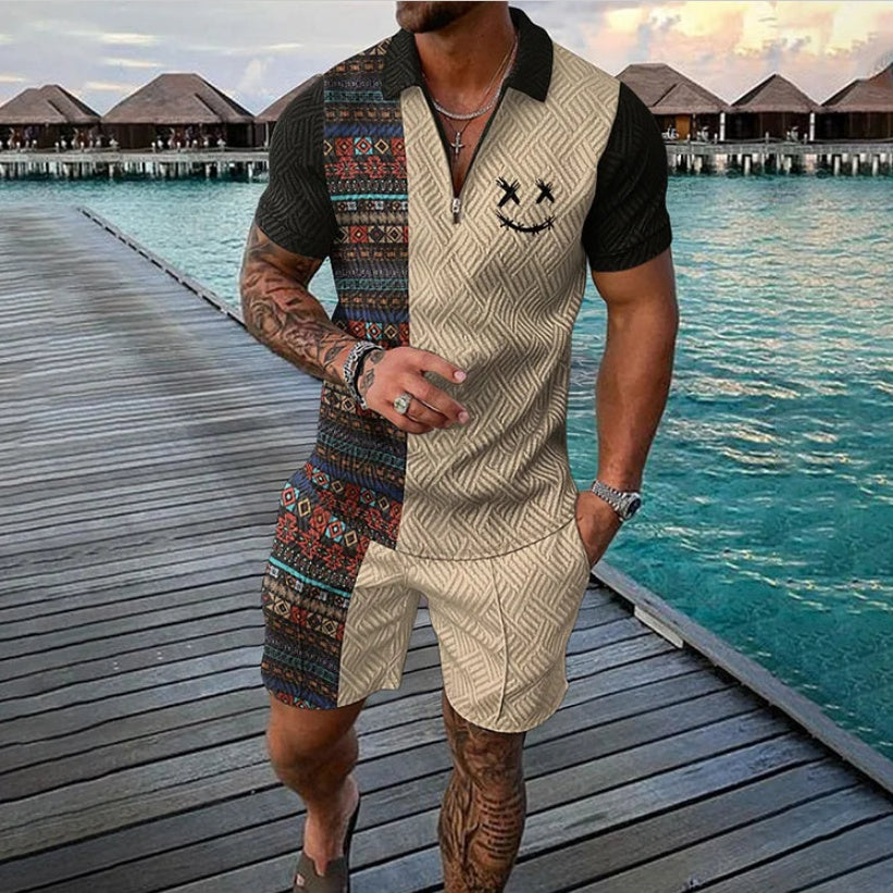 Zip-up Polo Shirt And Shorts Set