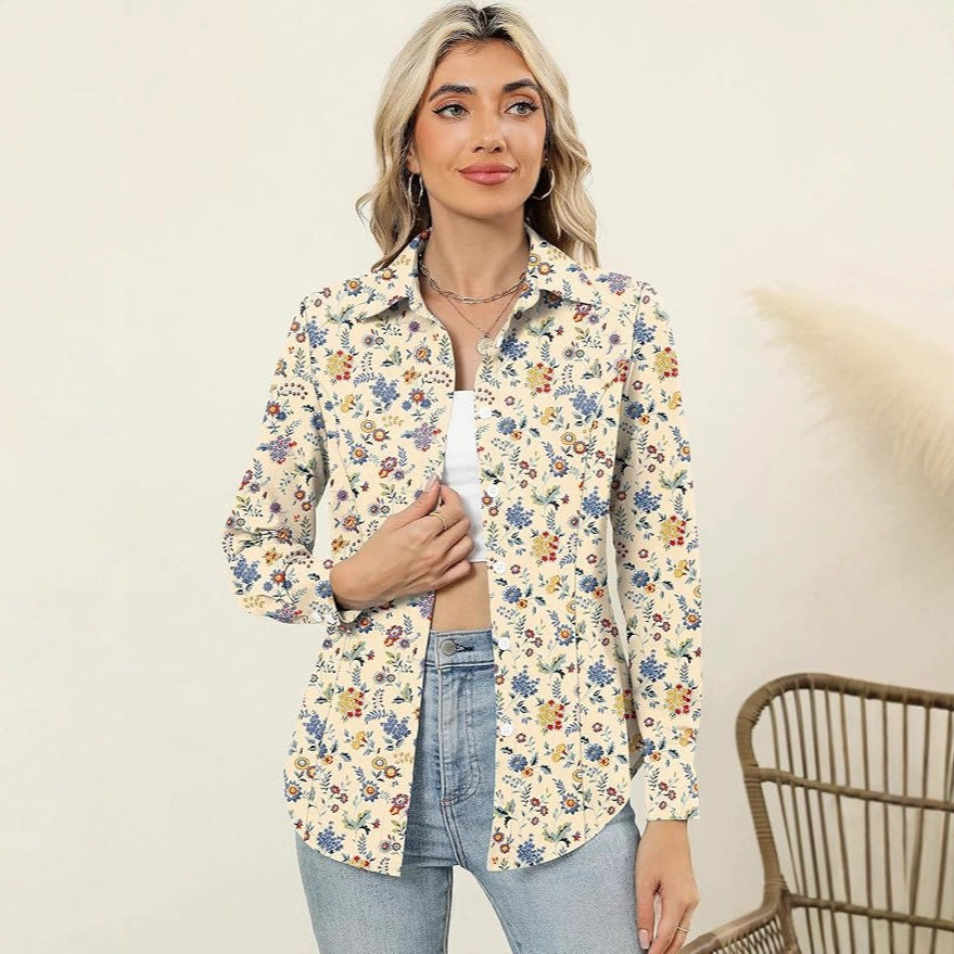 Long-Sleeve Blouse with Notched Collar and Print
