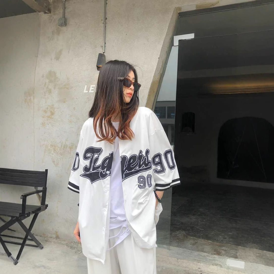 American-style Streetwear Retro Baseball Cardigan With Short Sleeves