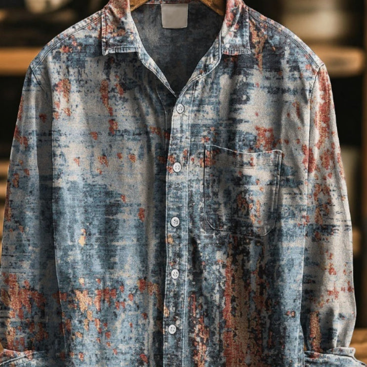 Men's Retro-Style Color-Blocked Printed Shirt