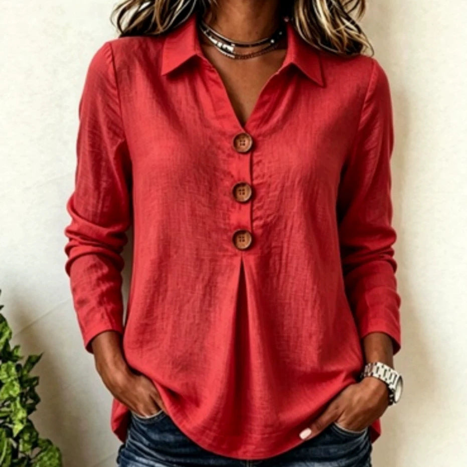 Womens Long-sleeve Solid-color Button-up Shirt