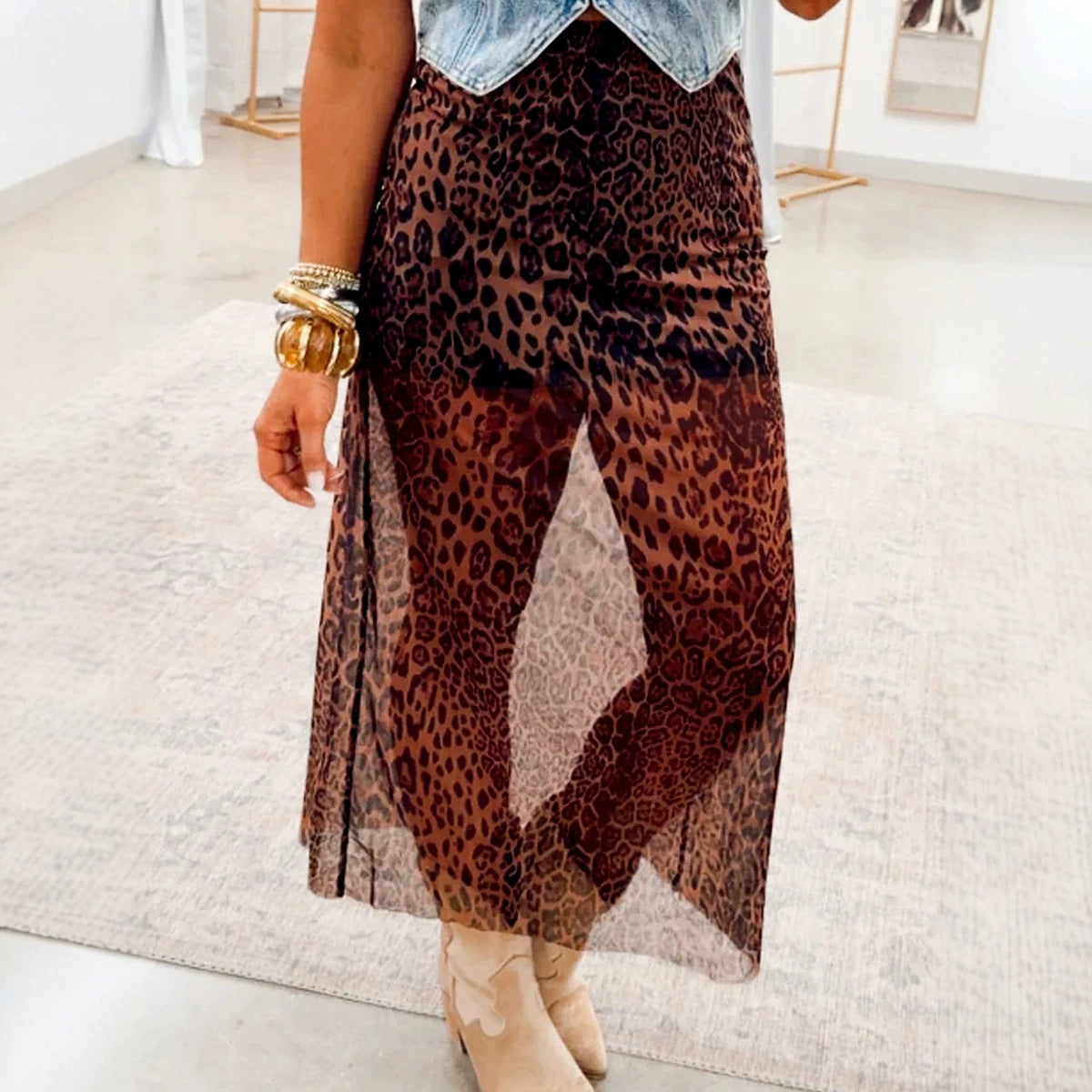 Sexy Leopard-print Sheer Long Dress For Women