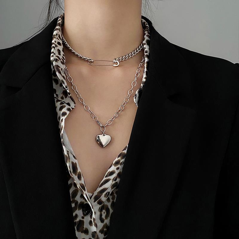 Double-layer Necklace Heart Pin Clavicle Chain Peach Heart