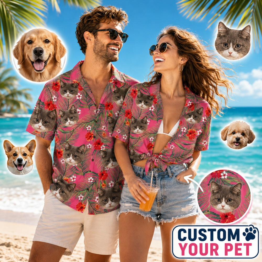PinkHibiscus & Palm Leaf Print Hawaiian Shirt
